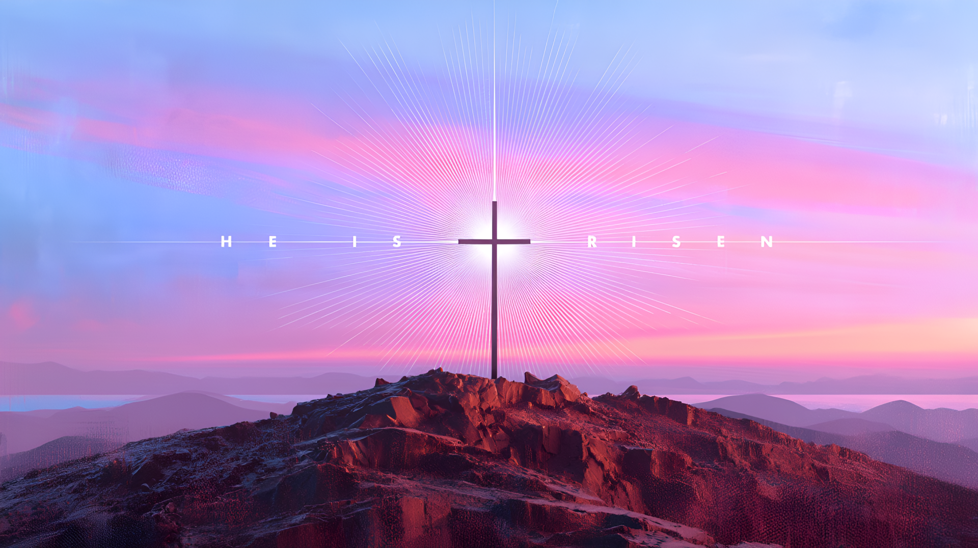 2K Quad HD PC desktop wallpaper: cross on a rocky hill at sunrise with He Is Risen text, symbolizing the empty tomb and the Christian resurrection.