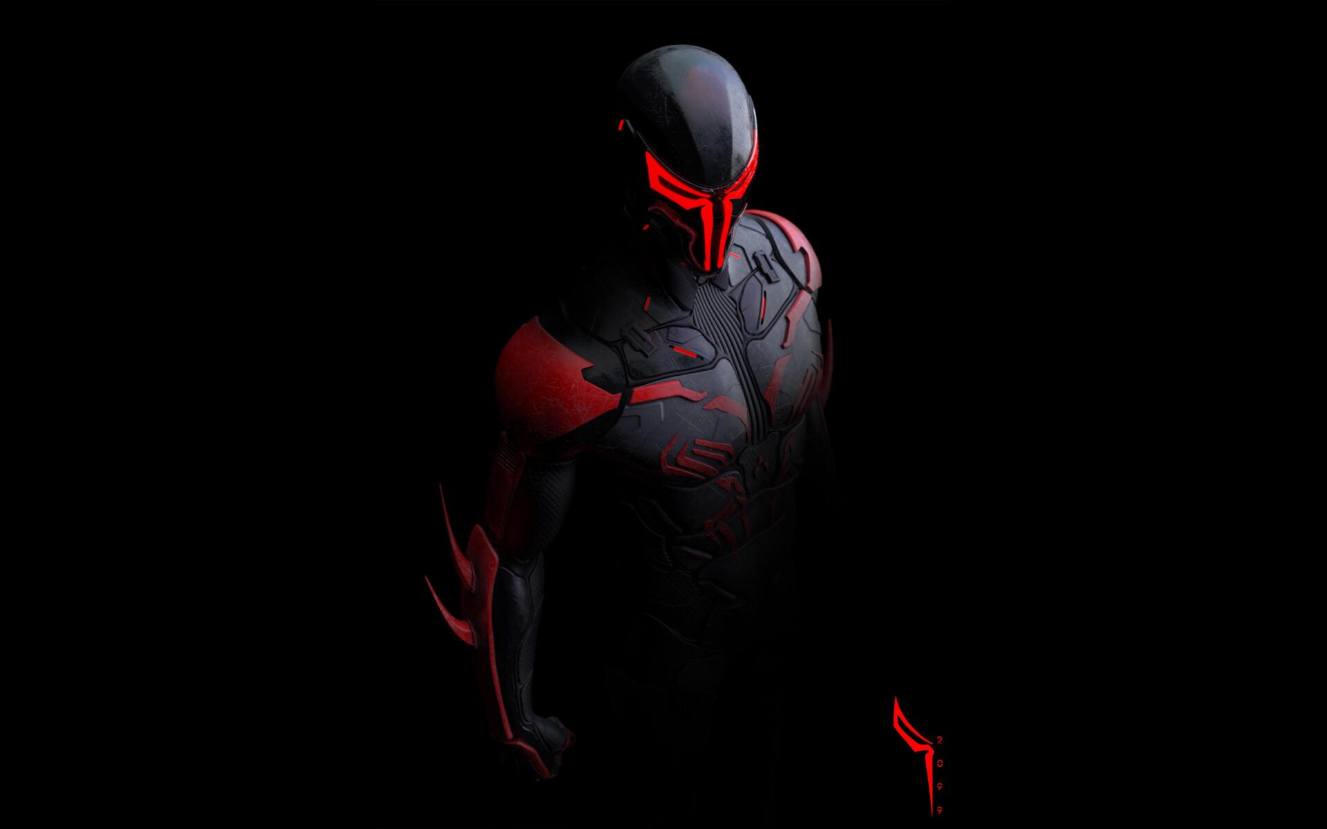 8K Ultra HD PC desktop wallpaper: dark comic-style Spider-Man 2099 in black and red futuristic suit emerging from shadows, superhero silhouette.