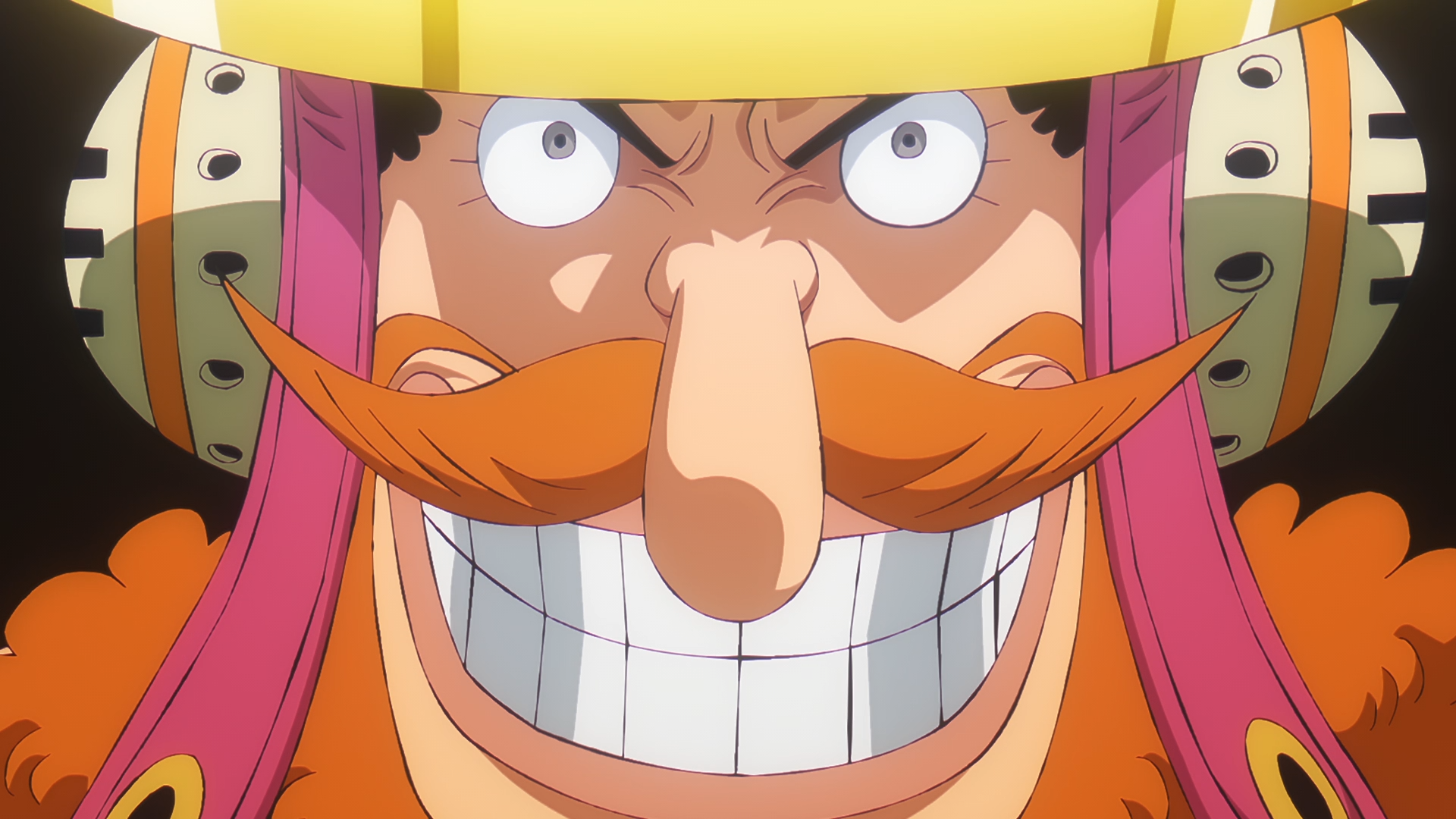 Anime HD PC desktop wallpaper of Usopp (One Piece) grinning wildly, showcasing his long nose, orange mustache and colorful helmet-like headgear in vivid anime detail.