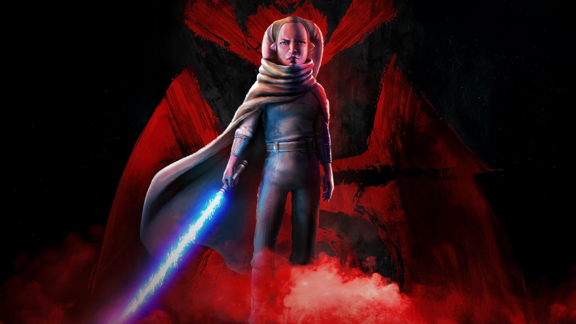 Star Wars: Maul – Shadow Lord 5K Ultra HD PC wallpaper: cloaked figure in red mist holds a glowing blue lightsaber before a looming Sith emblem.