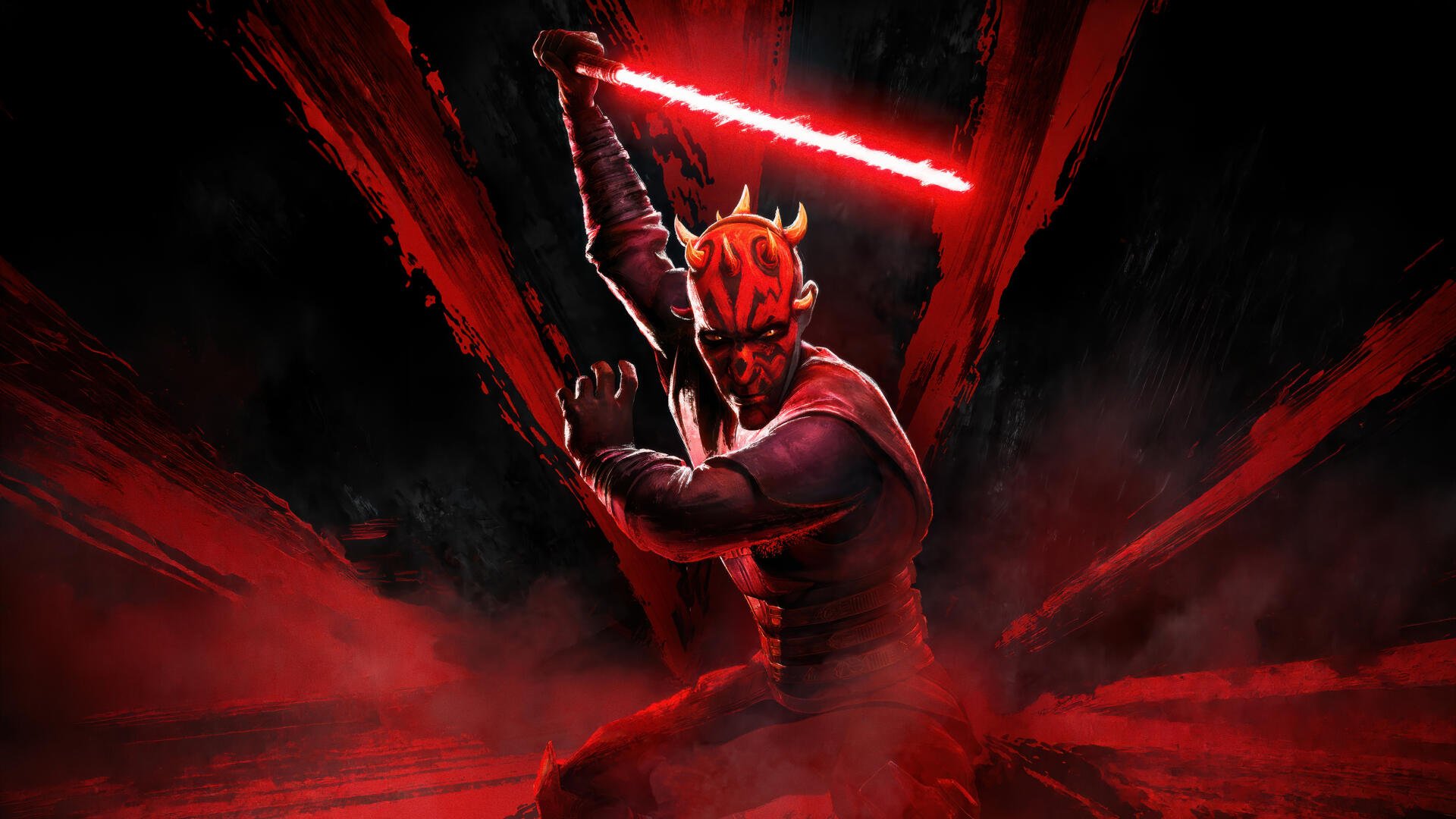 Star Wars: Maul – Shadow Lord 5K Ultra HD PC wallpaper of Maul brandishing a red double-bladed lightsaber amid swirling red shadow smoke
