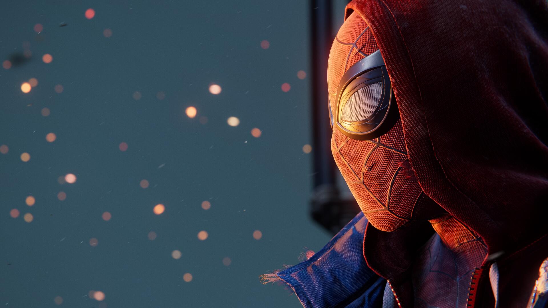 Spider-Man (PS4) close-up in a hooded suit against soft bokeh lights, rendered as a 4K Ultra HD PC desktop wallpaper and background.