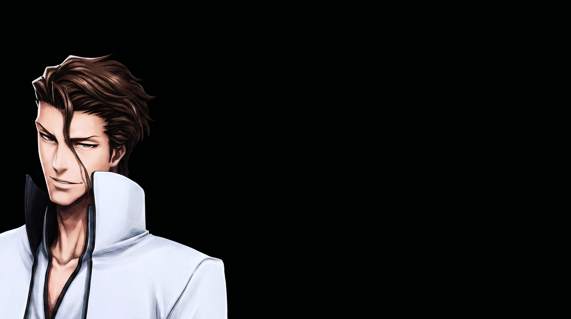 5K Ultra HD PC wallpaper featuring Bleach anime's Sōsuke Aizen: half-portrait on left, white coat, tousled dark hair and a confident smirk against a solid black background.
