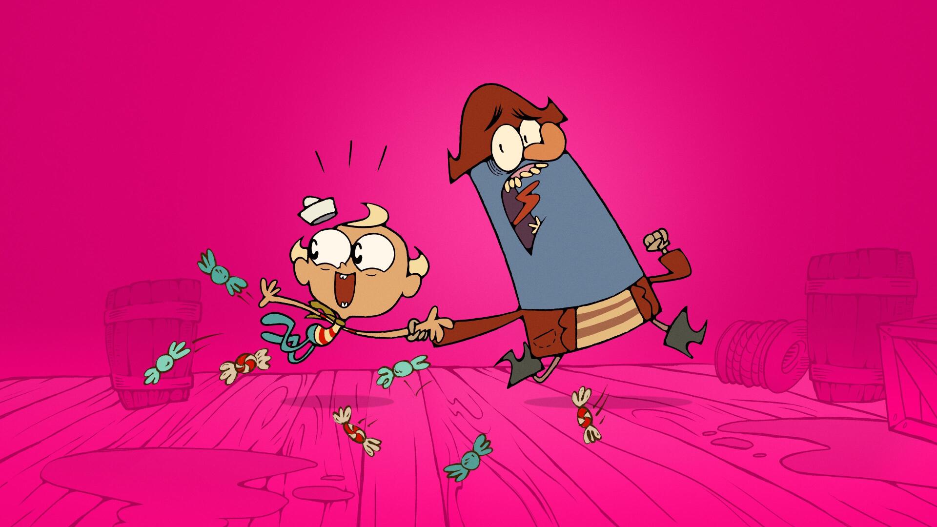 Magenta 4K Ultra HD PC desktop wallpaper of Cartoon Network's The Marvelous Misadventures of Flapjack: Flapjack and Captain K'nuckles cling to a broom, scattering candy across a wooden deck.