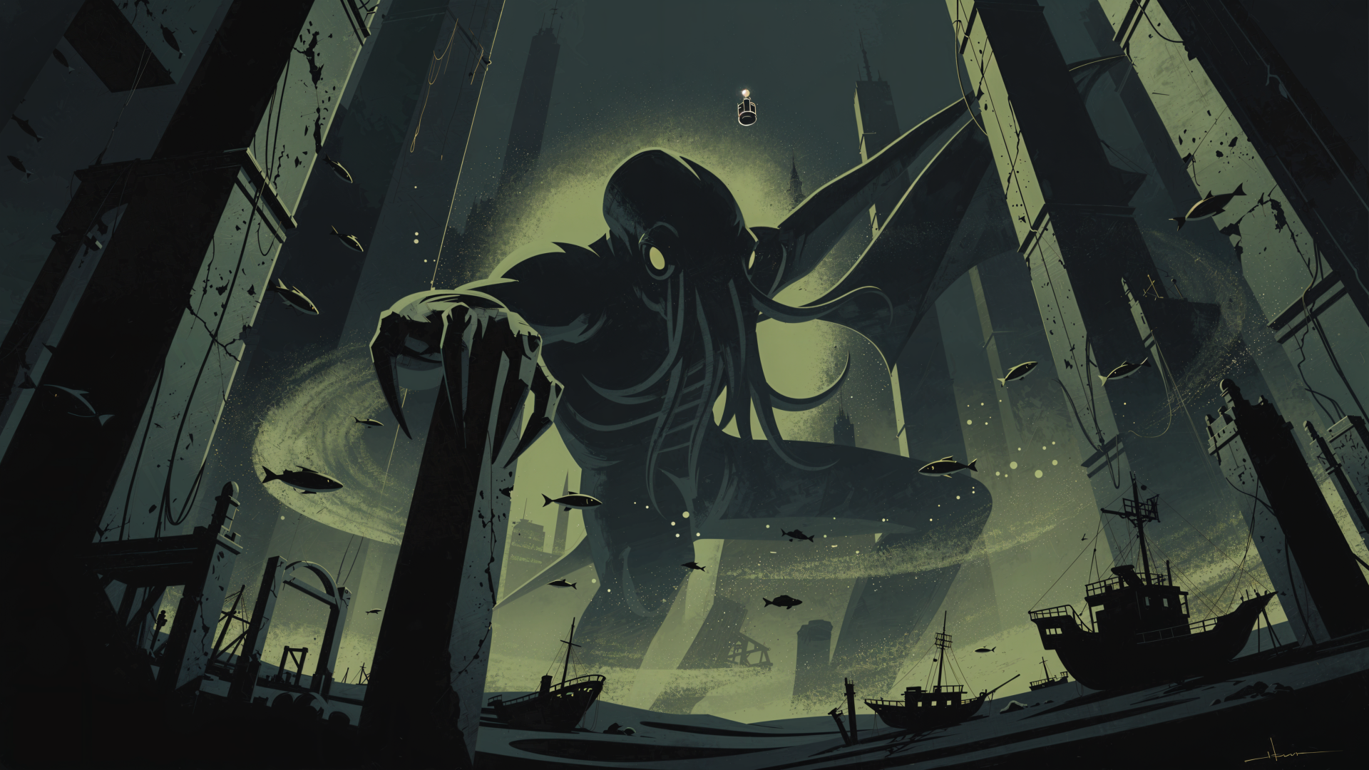 4K Ultra HD PC desktop wallpaper/background of Cthulhu looming over a ruined harbor, glowing eyes and writhing tentacles among collapsed piers and stranded ships.