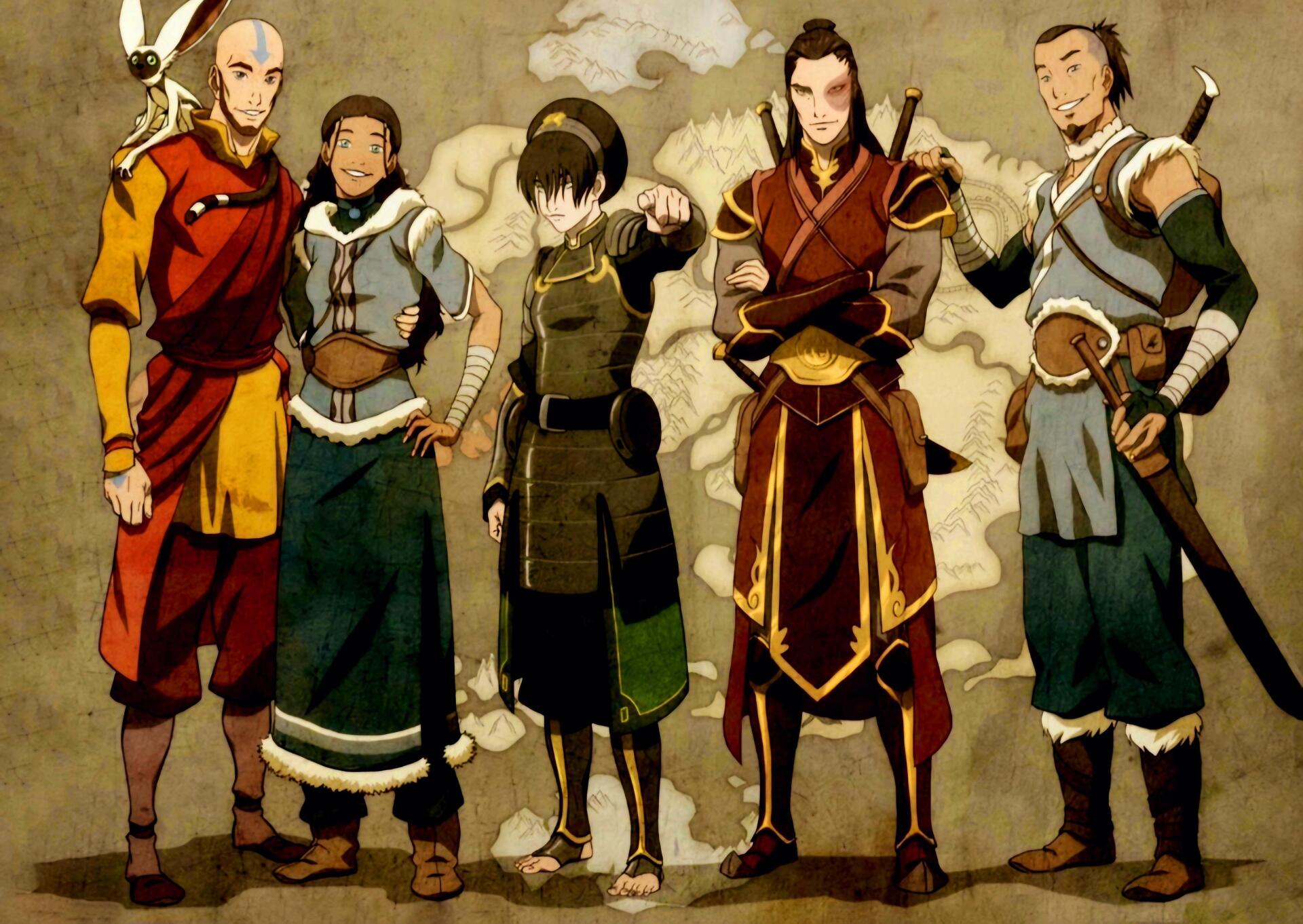 4K Ultra HD PC wallpaper of The Legend of Aang: The Last Airbender — Aang, Zuko, Sokka and Katara posed together in stylized outfits on a parchment-style backdrop.
