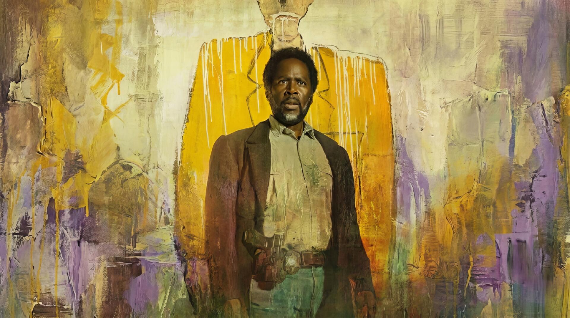 HD PC desktop wallpaper of a TV show (From 2022): a man in a brown coat and holster stands before a textured yellow-orange and purple painted backdrop.