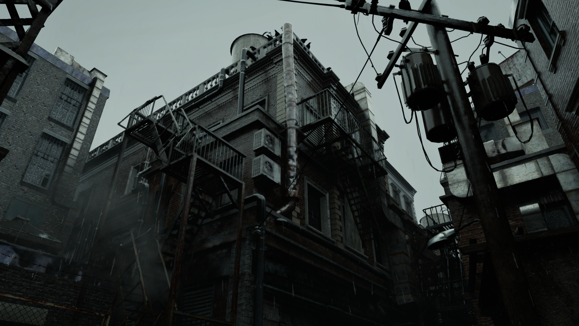 Resident Evil Requiem 2K Quad HD PC desktop wallpaper/background: moody, rain-soaked industrial building and tangled power lines under a stormy gray sky.