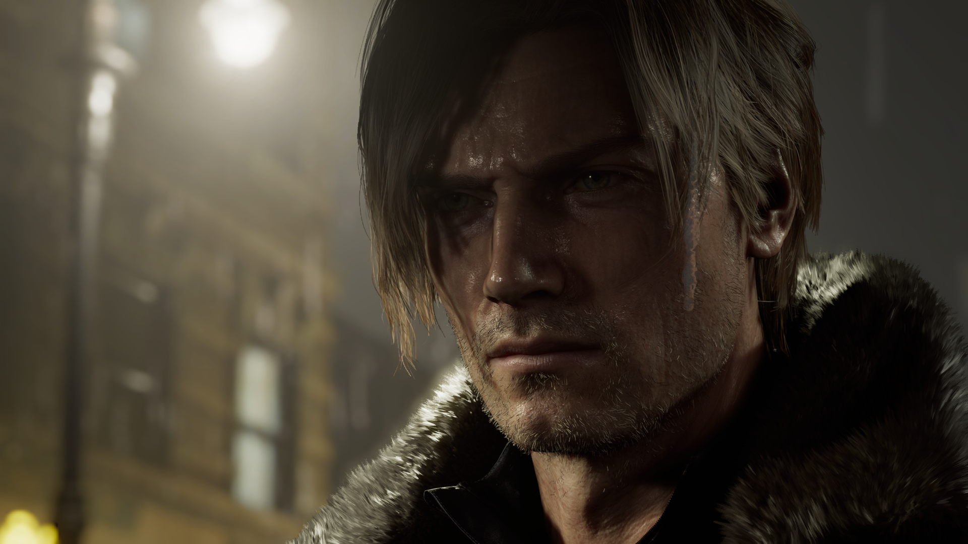 Leon S. Kennedy from Resident Evil Requiem, brooding close-up in moody light — 2K Quad HD PC desktop wallpaper/background.