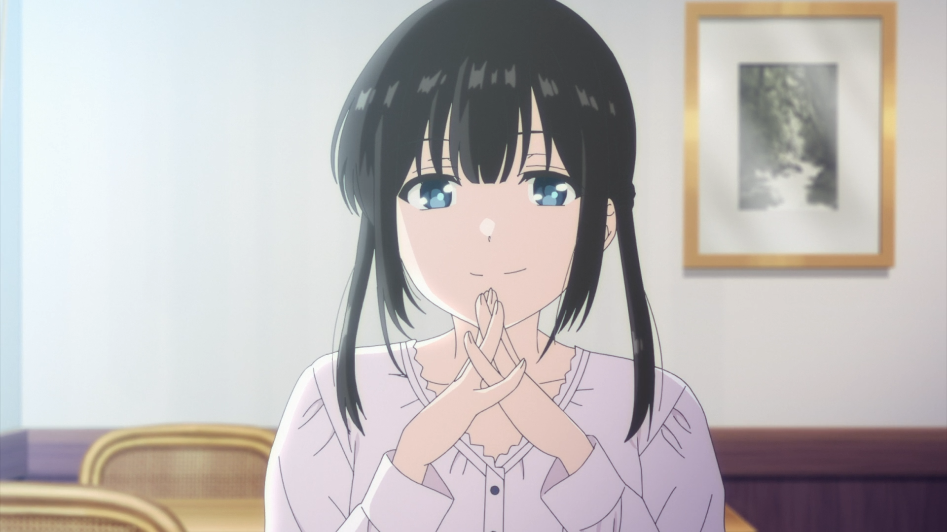 Anime HD PC desktop wallpaper of Miku Sakura from I Want to End this Love Game: close-up with black hair and blue eyes, hands clasped, gentle smile in a softly lit room.