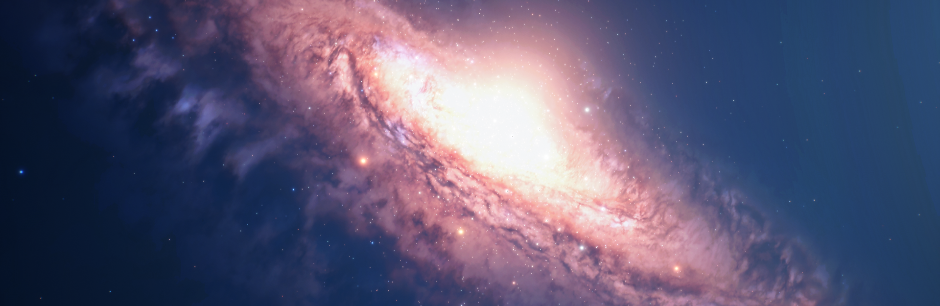 HD PC desktop wallpaper of a luminous spiral galaxy in deep space — Homeworld video game art with a blazing core, sweeping dust lanes and scattered stars.