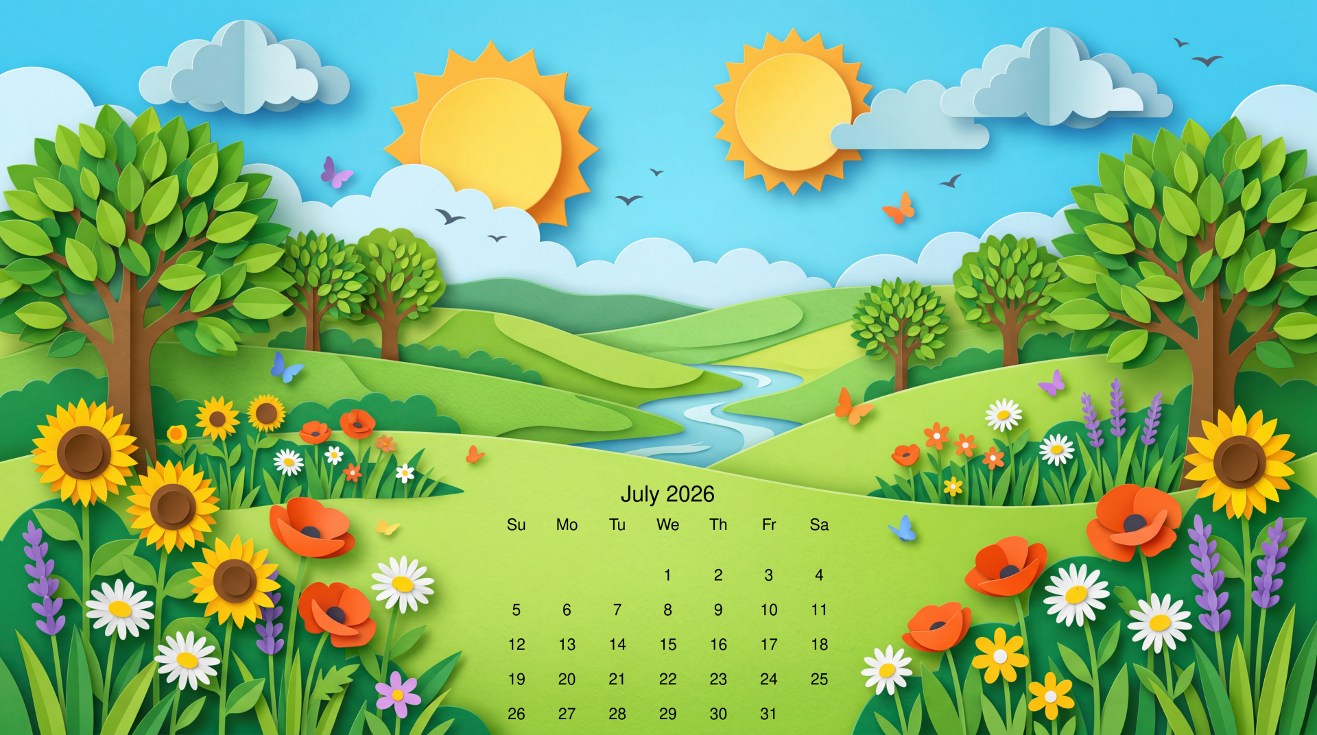 July 2026 5K Ultra HD Summer Meadow Calendar Wallpaper By 