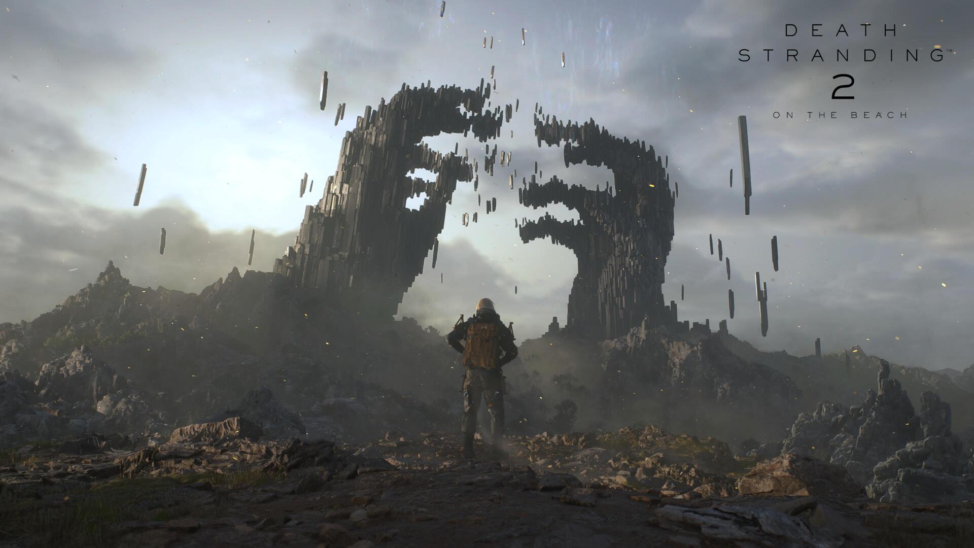 Death Stranding video game 4K Ultra HD PC desktop wallpaper and background: lone porter approaches a massive horse-shaped rock arch amid rain and drifting debris.