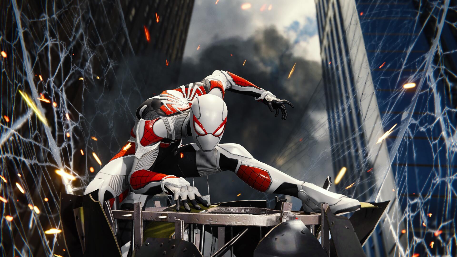 Spider-Man (PS4) in a white-and-red suit crouches on a rooftop amid skyscrapers and sparks, 4K Ultra HD video game PC desktop wallpaper.