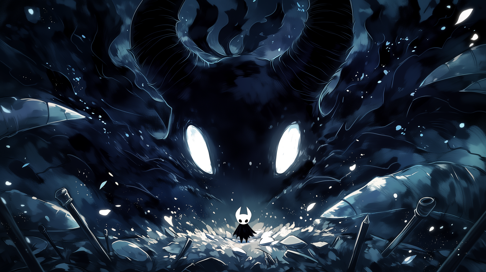 Hollow Knight video game dark gaming wallpaper: lone white-masked Knight game character stands before a towering shadow beast with glowing eyes, 2K Quad HD PC desktop background.