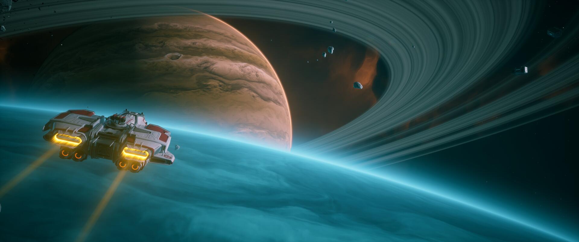 Everspace 2 video game 2K Quad HD PC desktop wallpaper: sleek spaceship with glowing thrusters skimming blue cloud tops beside a vast ringed gas giant under distant stars.
