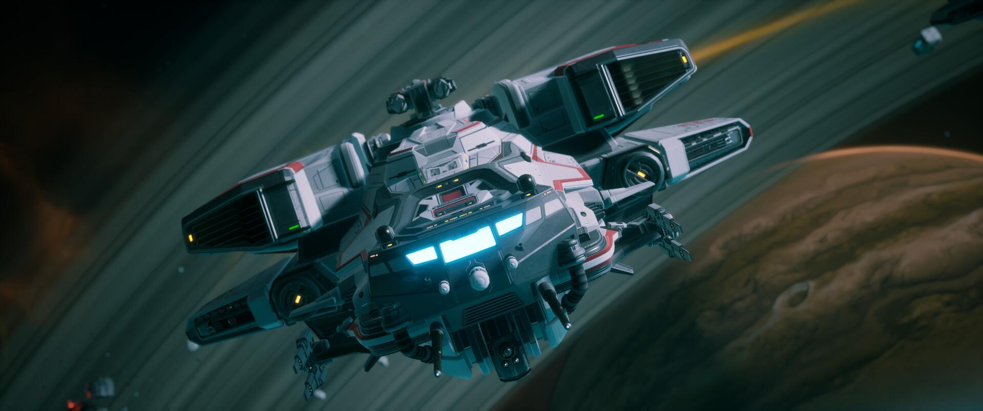 Everspace 2 video game 2K Quad HD PC desktop wallpaper: sleek armed spaceship with blue cockpit lights and thrusters streaking over a planet against a blurred starfield.