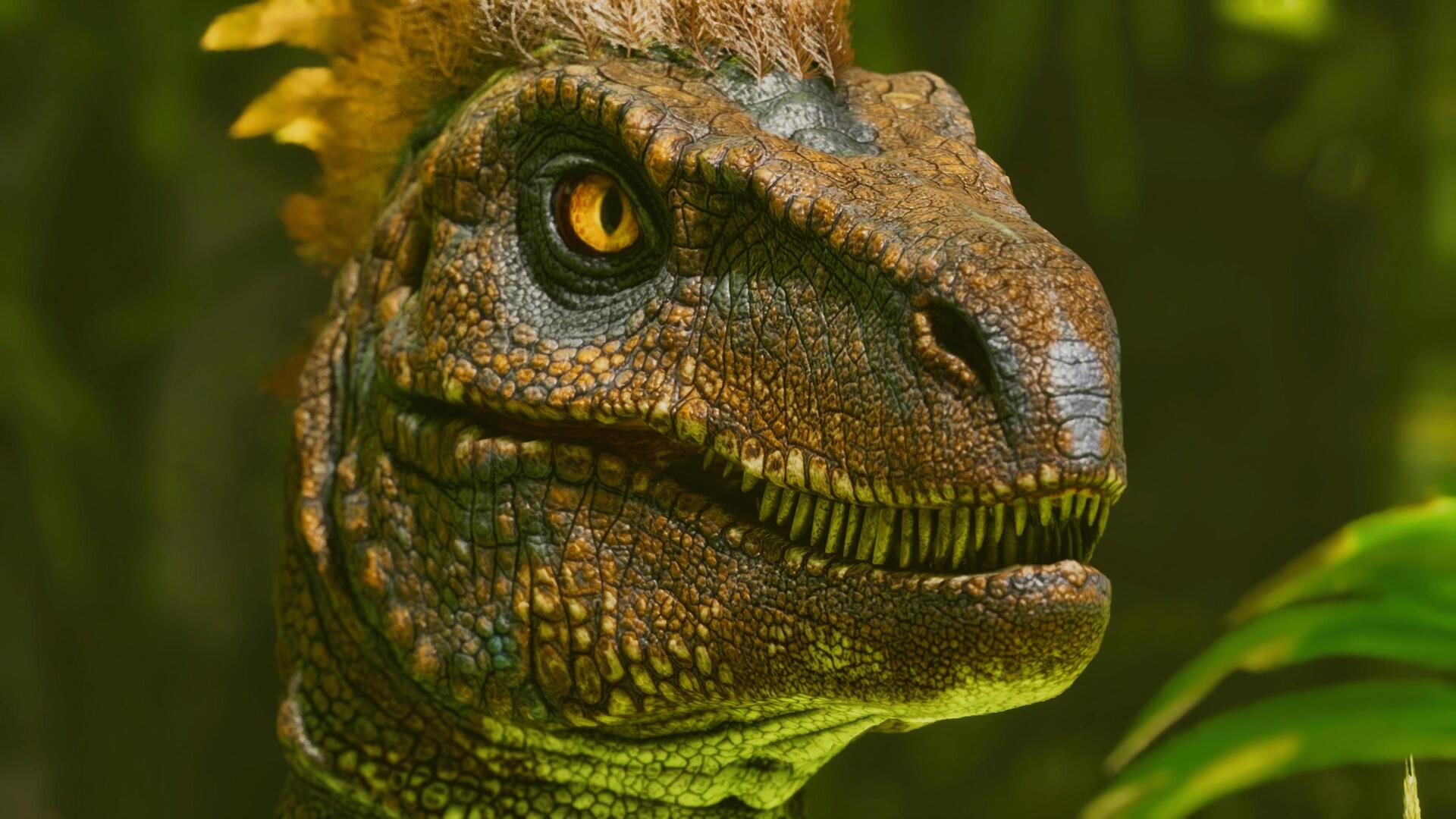 Close-up of a detailed ARK video game dinosaur in a lush jungle, rendered as a 4K Ultra HD PC desktop wallpaper/background.