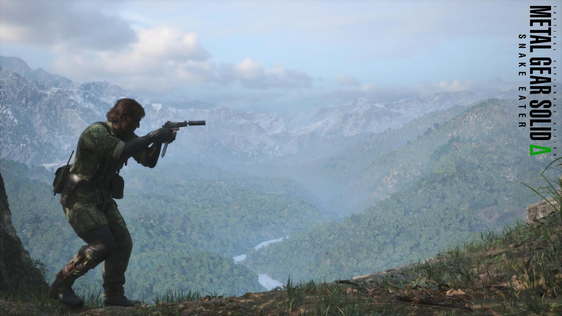 4K Ultra HD PC desktop wallpaper: Metal Gear 3 video game soldier aiming a rifle from a grassy ridge overlooking a misty mountain valley.