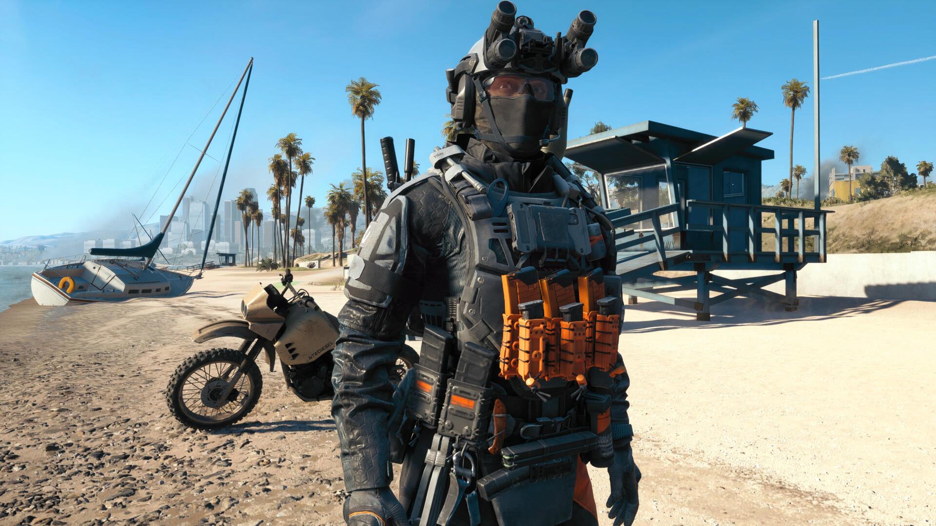 Battlefield 6 4K Ultra HD PC desktop wallpaper: armored soldier in tactical gear stands on a sunny beach beside a motorcycle and lifeguard tower under a clear blue sky.