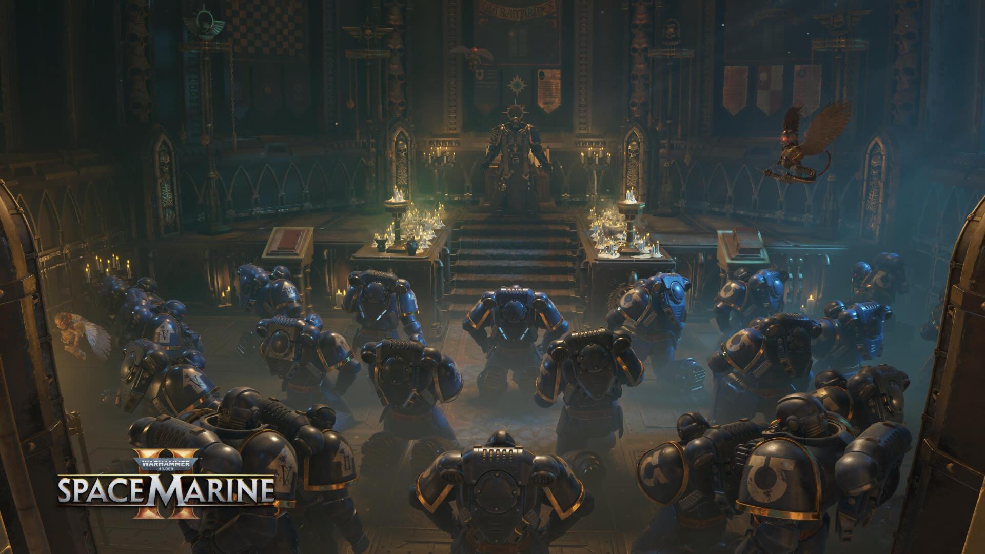 4K Ultra HD PC desktop wallpaper: Warhammer Space Marine squad in power armor assembled before a gothic throne, blue lighting and candles, cinematic video game battle-hall scene.