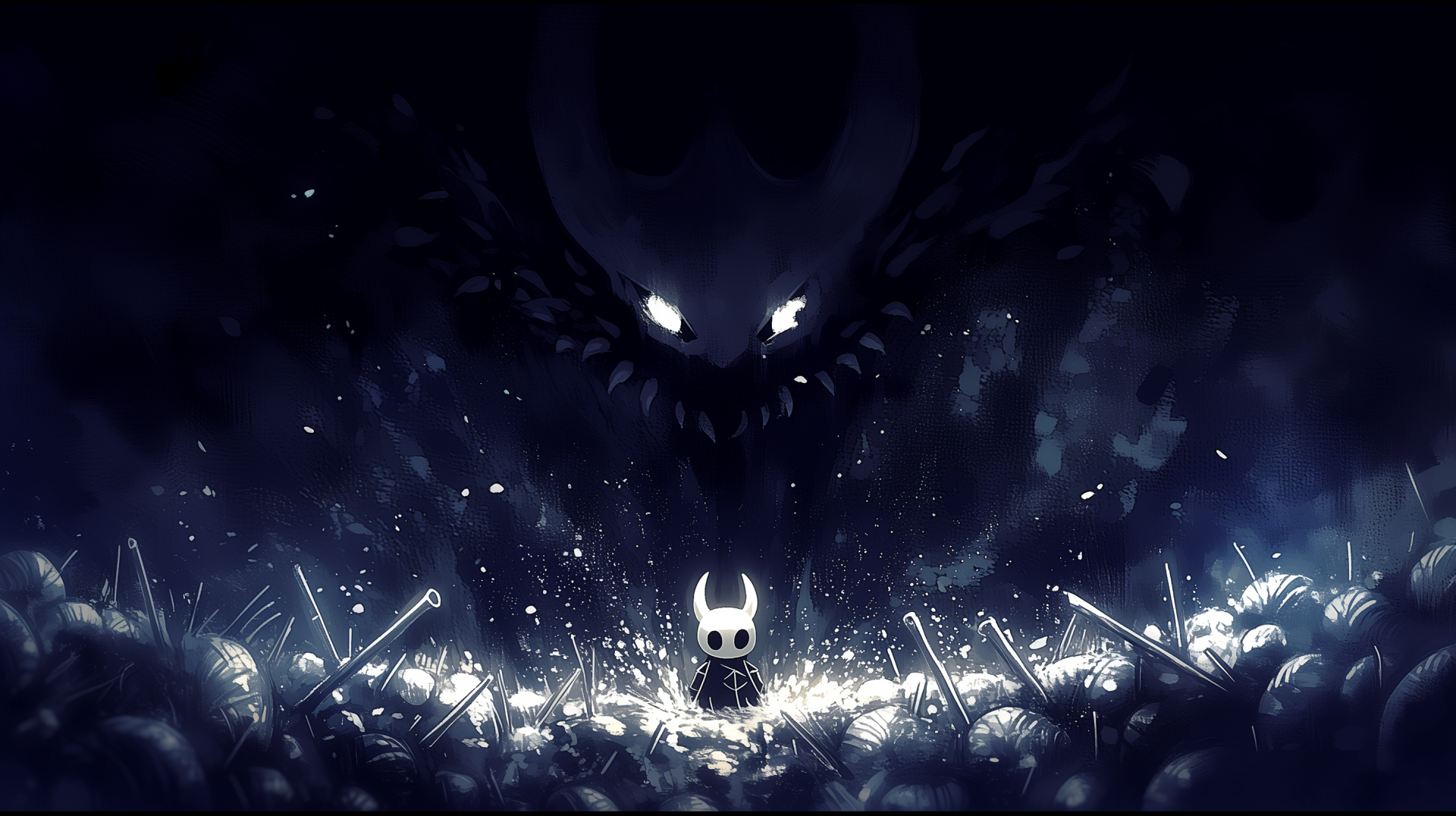 2K Quad HD PC desktop wallpaper of Hollow Knight: Silksong — a lone Knight in glowing grass faces a looming, shadowy maw with piercing eyes in a dark video game scene.