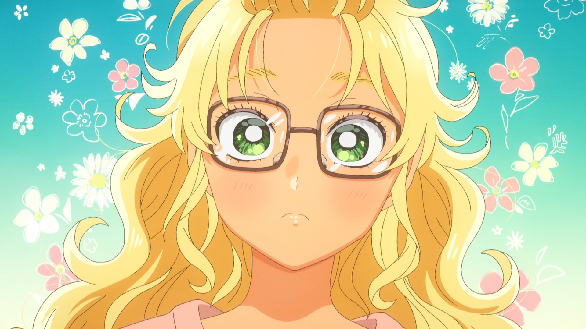 HD PC desktop wallpaper: Kotoko Ijichi from Gals Can't Be Kind to Otaku!? Close-up of a blonde, wavy-haired girl with glasses and green eyes against a turquoise floral background.