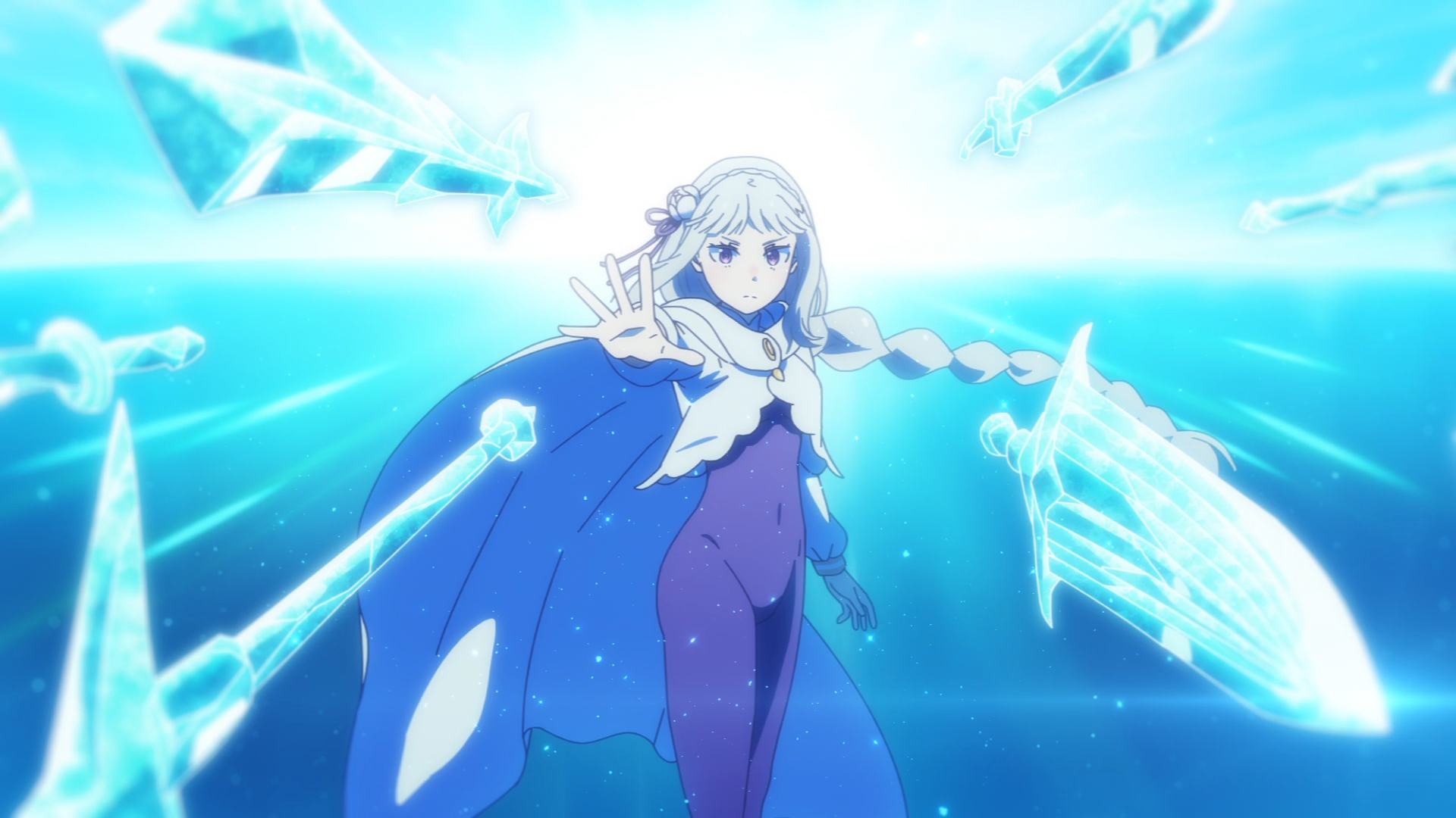 Anime HD desktop wallpaper: Emilia (Re:ZERO) from Gals Can't Be Kind to Otaku!? — cape and braid flowing as she summons glowing ice crystals against a vivid blue backdrop.