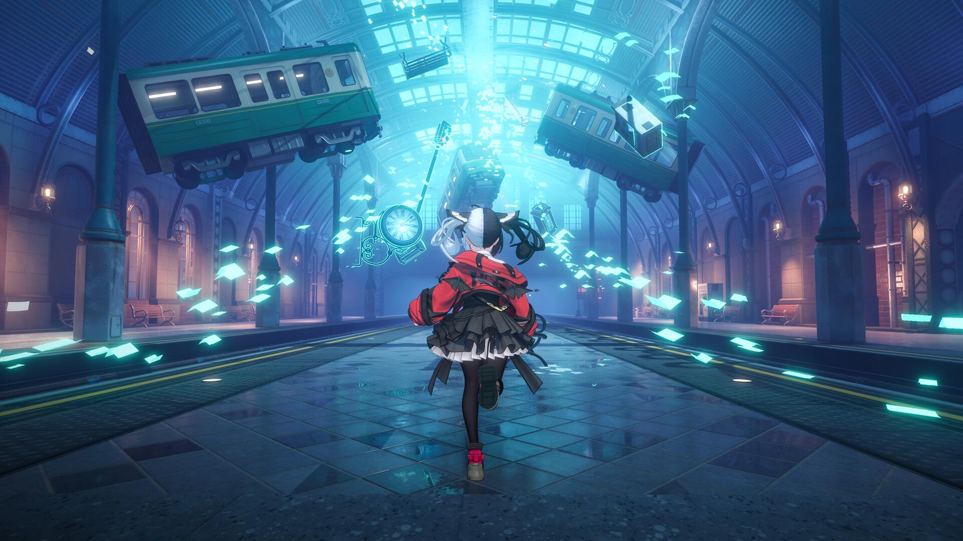 Mobile game Neverness to Everness 4K Ultra HD PC desktop wallpaper: lone figure in red running through a neon train hall with floating cars and glowing fish background.