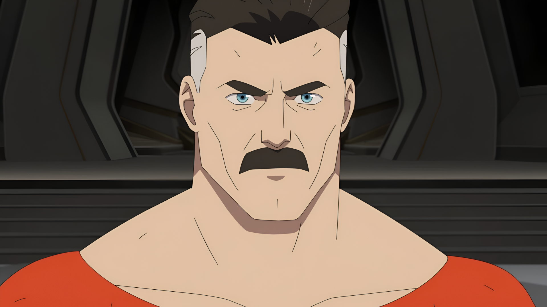 Omni-Man from TV show Invincible, close-up stern expression and mustache against a dark interior — 2K Quad HD PC desktop wallpaper/background.