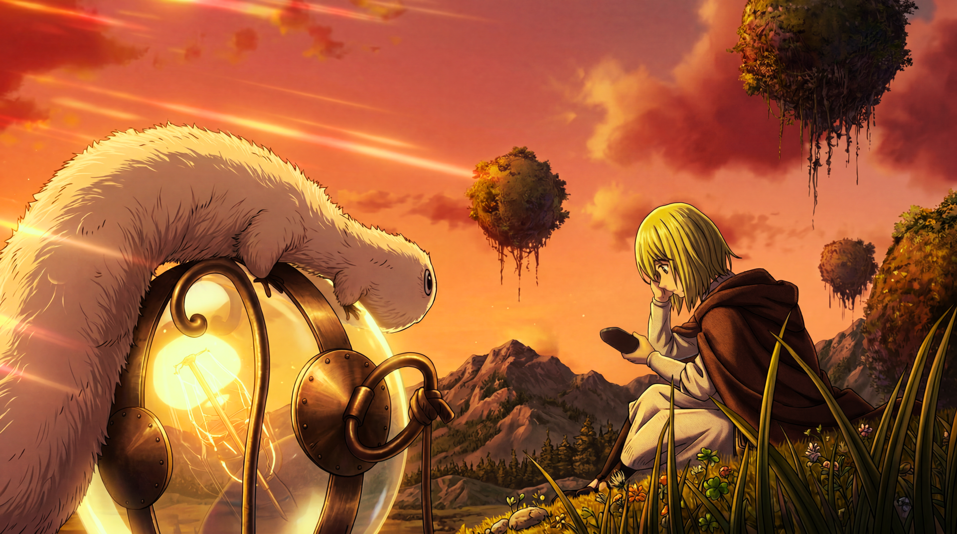 5K Ultra HD PC Desktop wallpaper: Coco (Witch Hat Atelier), a cute anime girl in a cloak at sunset, sitting by a glowing lantern and white creature amid floating islands in a fantasy landscape.
