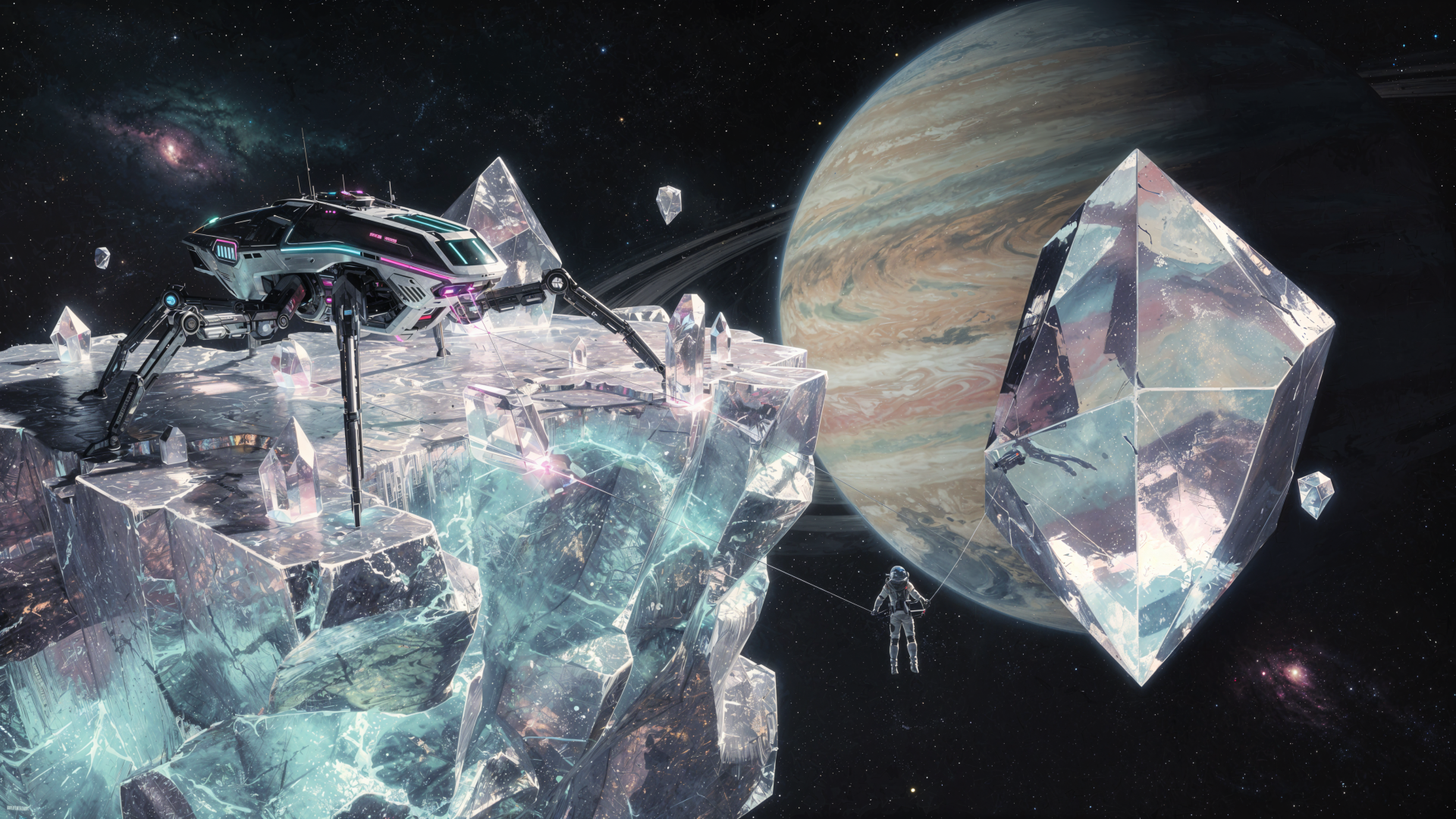 4K Ultra HD PC desktop wallpaper & background: space mining — crystalline asteroid fields, a mining ship and tethered astronauts drifting before a ringed gas giant.