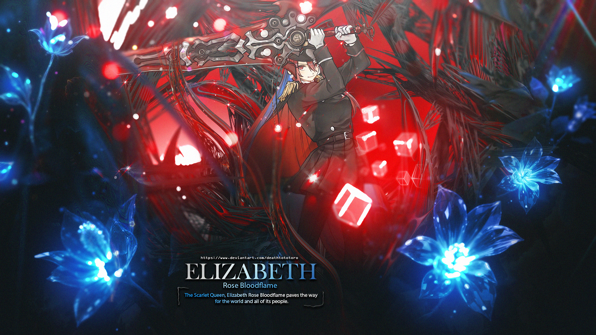 HD PC desktop wallpaper of Elizabeth Rose Bloodflame: dark red and black scene with glowing red runes, blue crystalline flowers, and a silhouetted central figure with the title.