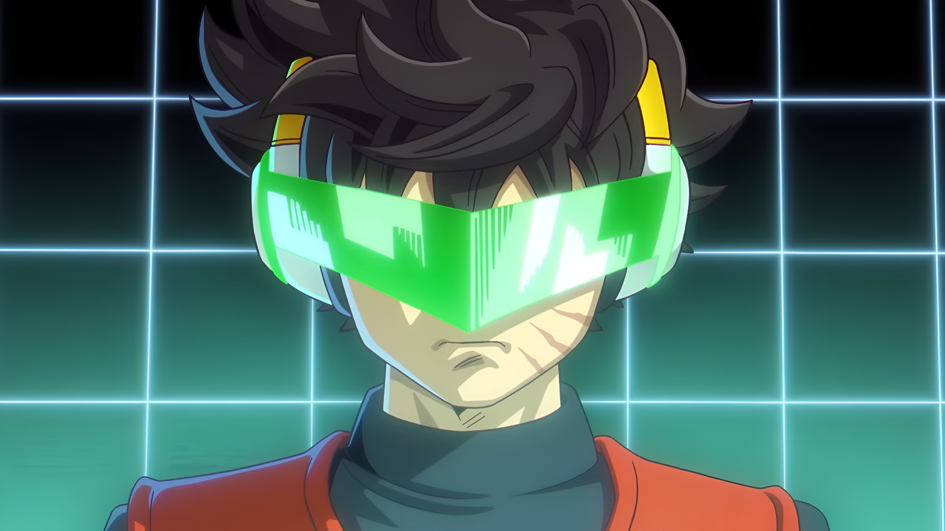 Dragon Ball Xenoverse 3 character wearing a glowing green visor, red jacket and black turtleneck, with facial markings against a neon grid — 2K Quad HD PC desktop wallpaper.