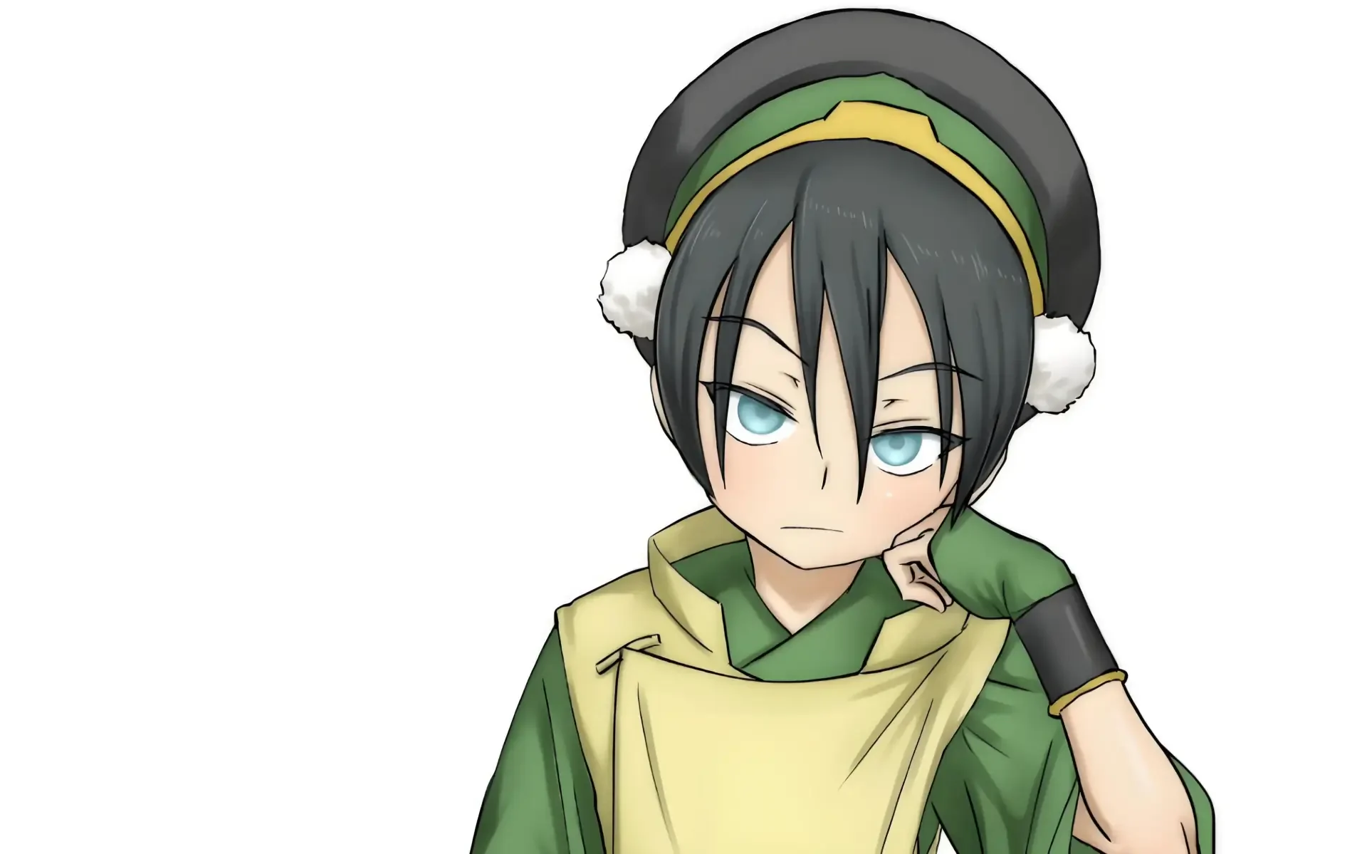 4K Ultra HD PC wallpaper — white-background anime portrait of Toph Beifong from Avatar: The Last Airbender, in green outfit and headband, thoughtful expression.