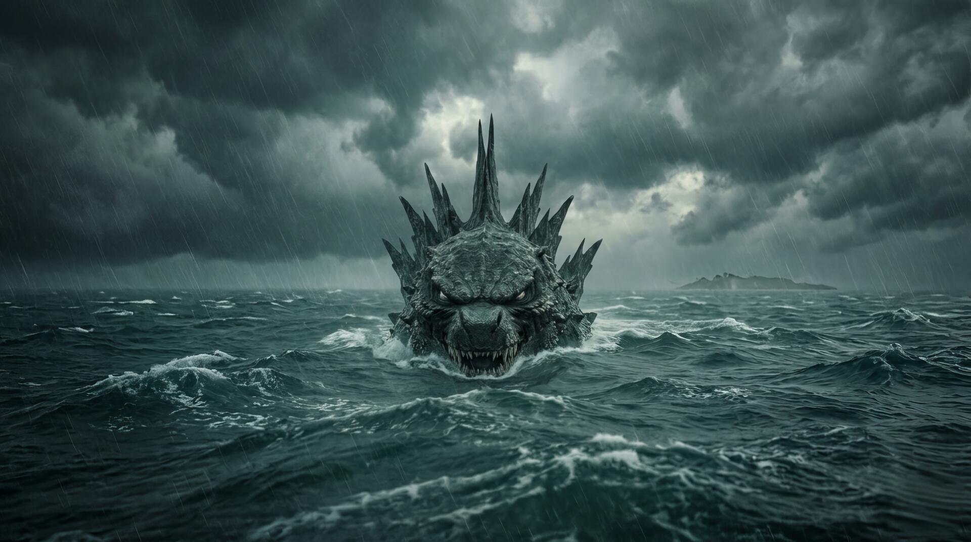 HD PC desktop wallpaper/background: movie-style Godzilla breaking the surface of a rain-swept, stormy ocean, churning water and dark clouds hinting at underwater menace.