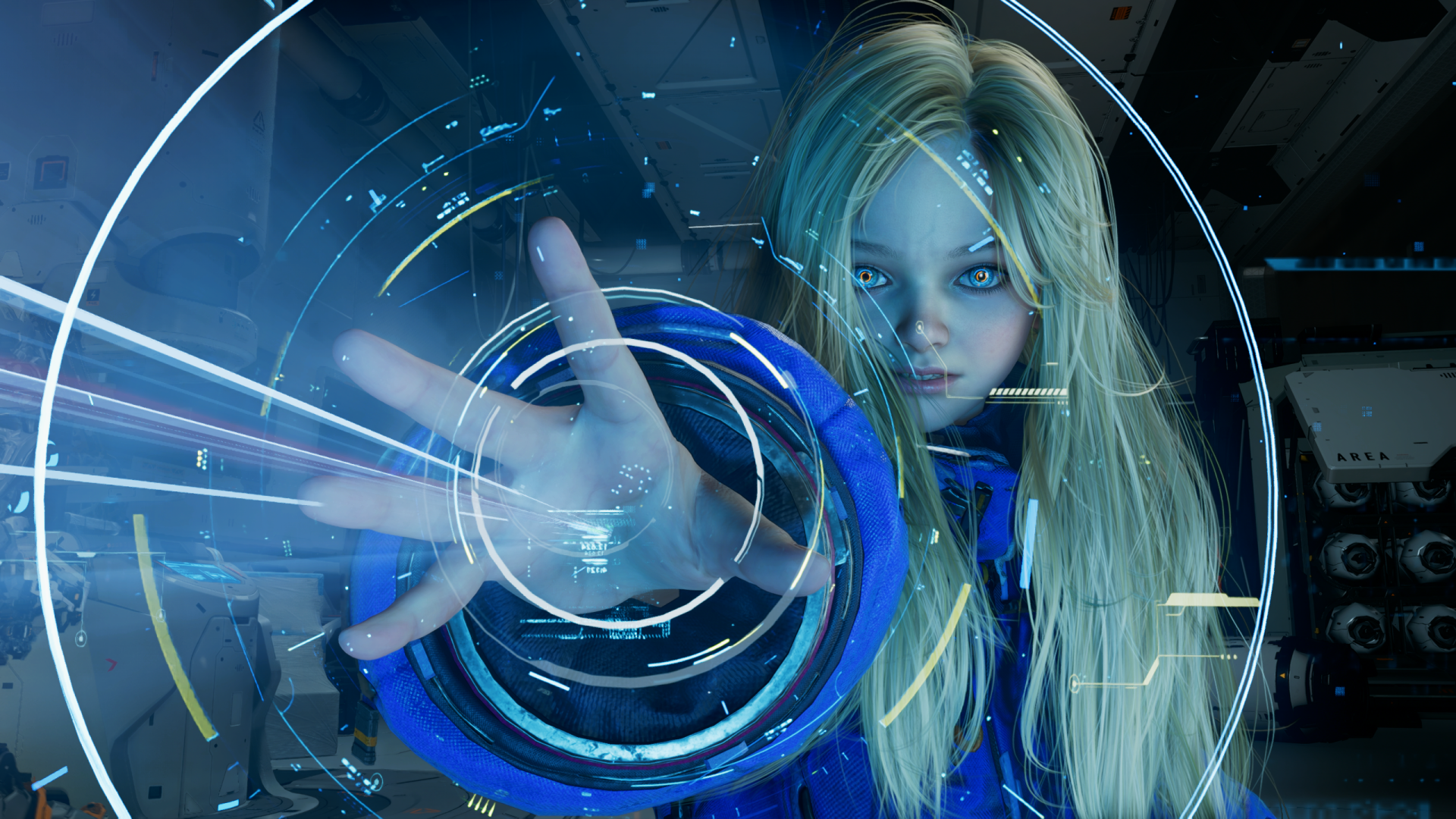 2K Quad HD PC wallpaper: Pragmata's Diana reaches through glowing blue holographic rings and HUD elements, blonde hair and intense gaze in a sci‑fi cockpit.