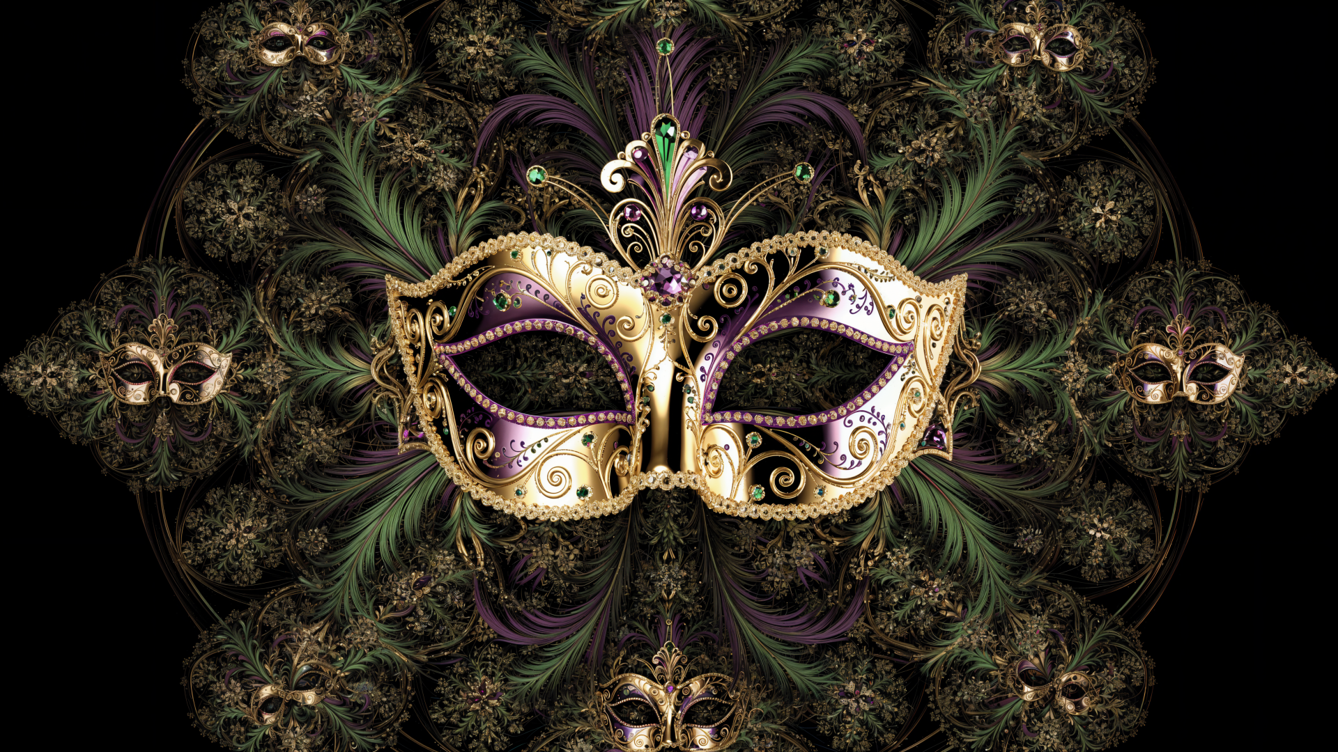 Ornate gold, purple and green Mardi Gras mask with feathered filigree on a dark kaleidoscopic backdrop — 4K Ultra HD PC desktop wallpaper and background.