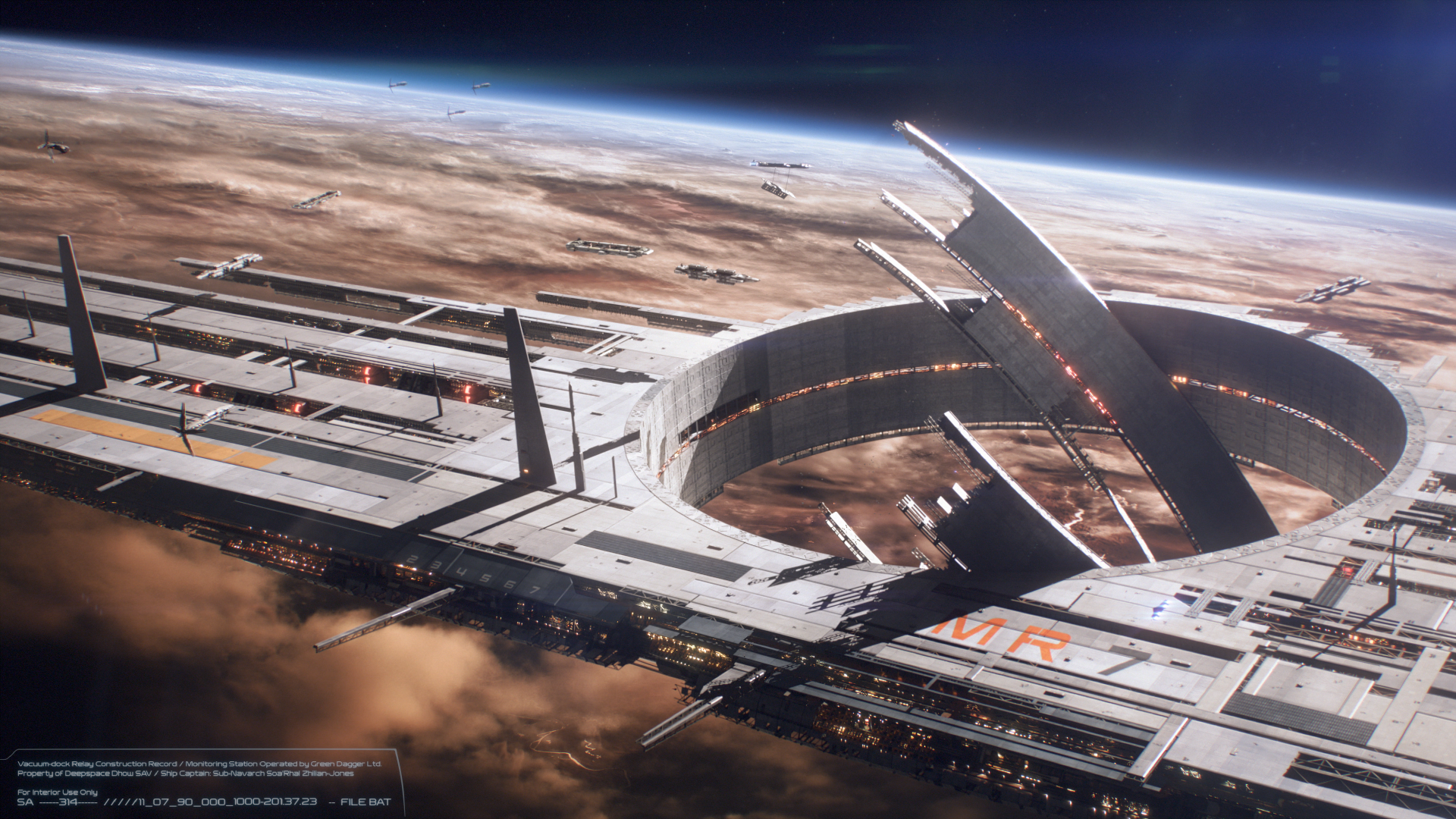 4K Ultra HD PC desktop wallpaper from the video game Mass Effect 5: a sci-fi orbital station with sweeping ring docks above a desert planet, dramatic lighting and high‑detail atmosphere.
