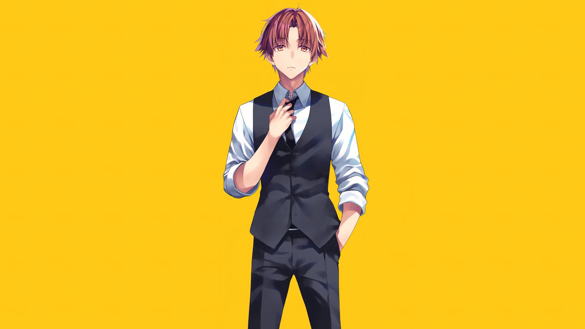 4K Ultra HD PC wallpaper: anime portrait of Kiyotaka Ayanokōji (Classroom of the Elite) in vest and tie against a bold yellow background.