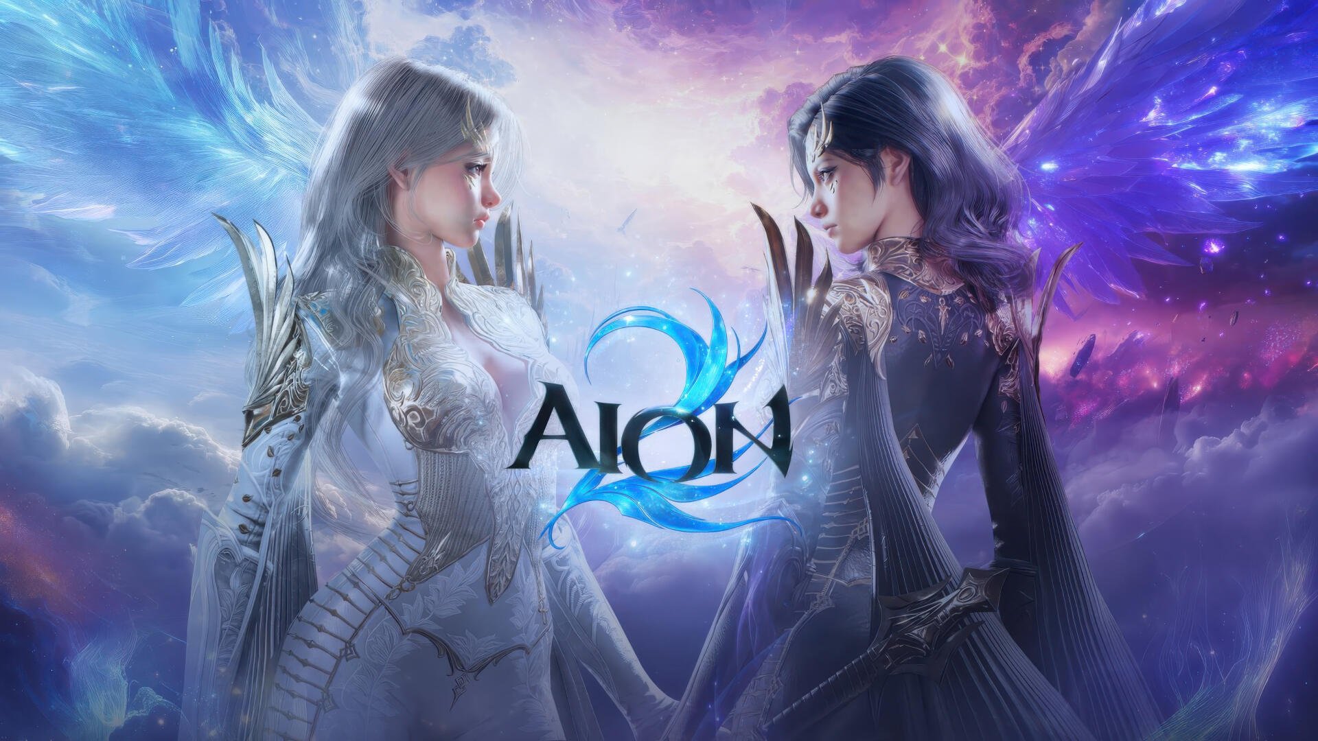 Aion 2 4K Ultra HD PC wallpaper: two video game girls face each other—one in white, one in dark armor—with ethereal wings and a glowing blue-purple cosmic backdrop and Aion 2 logo.