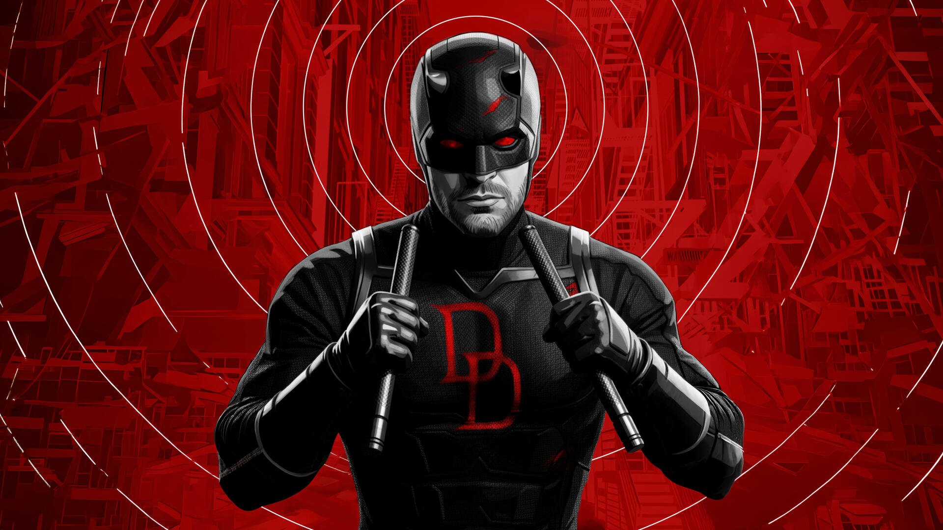 Daredevil: Born Again close-up in black suit with glowing red DD emblem and batons against concentric red sonar waves — 5K Ultra HD PC desktop wallpaper and background.