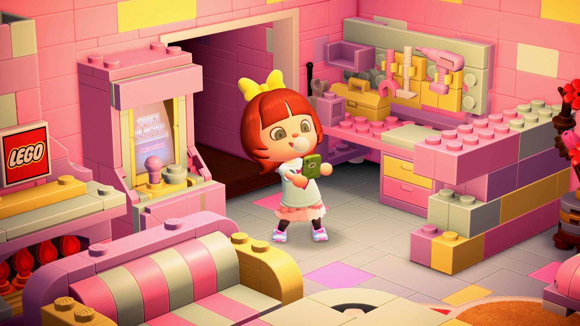 Animal Crossing: New Horizons 4K Ultra HD PC desktop wallpaper — pastel LEGO-style room with a smiling villager holding a cup amid pink and yellow block furniture.