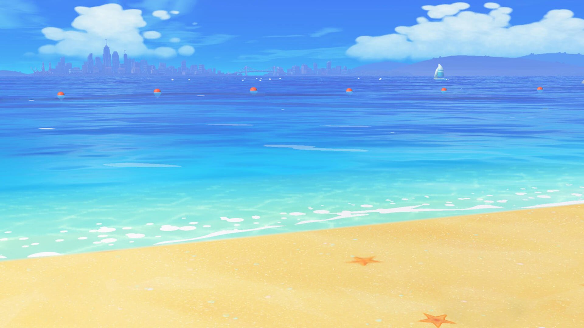Tomodachi Life: Living the Dream HD PC wallpaper — serene beach with golden sand, starfish, turquoise sea, distant sailboats and a bright blue sky.