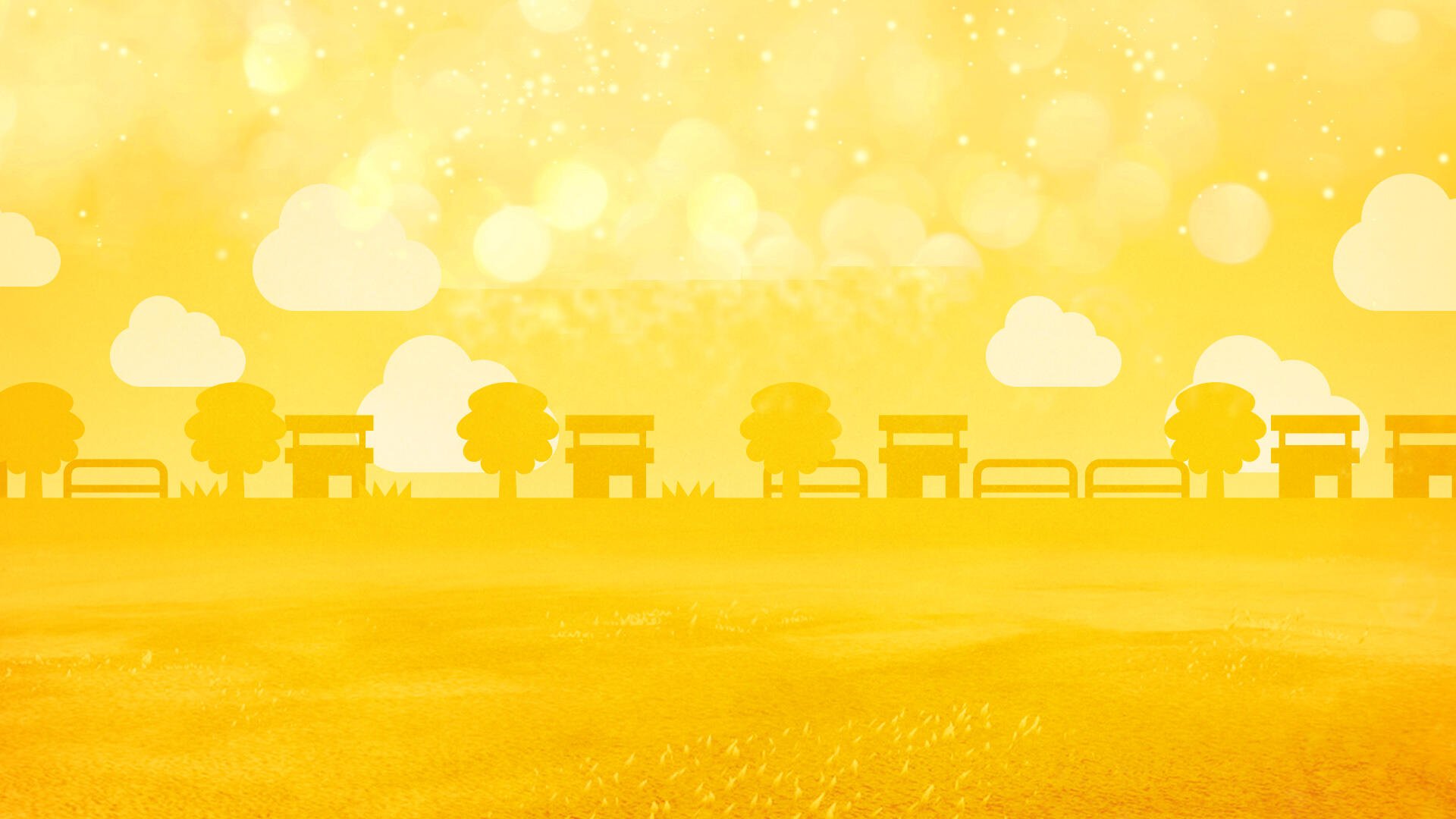 Tomodachi Life: Living the Dream HD PC desktop wallpaper - warm golden scene of silhouettes: park benches, trees and clouds over a sunlit grassy field with soft bokeh.