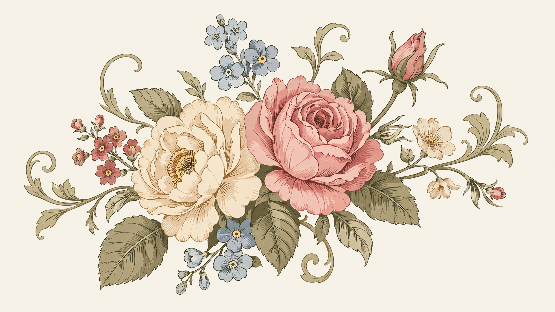 Vintage floral 4K Ultra HD PC desktop wallpaper: hand-drawn roses, buds and forget-me-nots in soft pink, cream and blue on a light cream background.