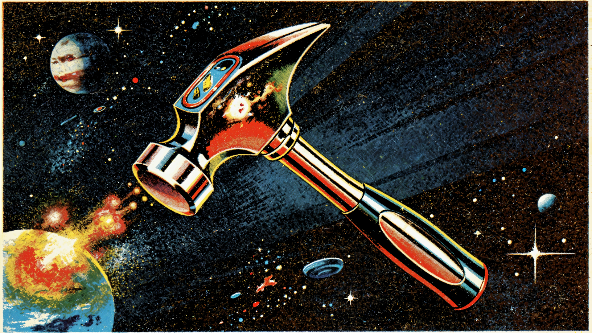 4K Ultra HD PC desktop wallpaper: stylized chrome hammer floating in a retro cosmic scene of planets, stars and colorful nebula.