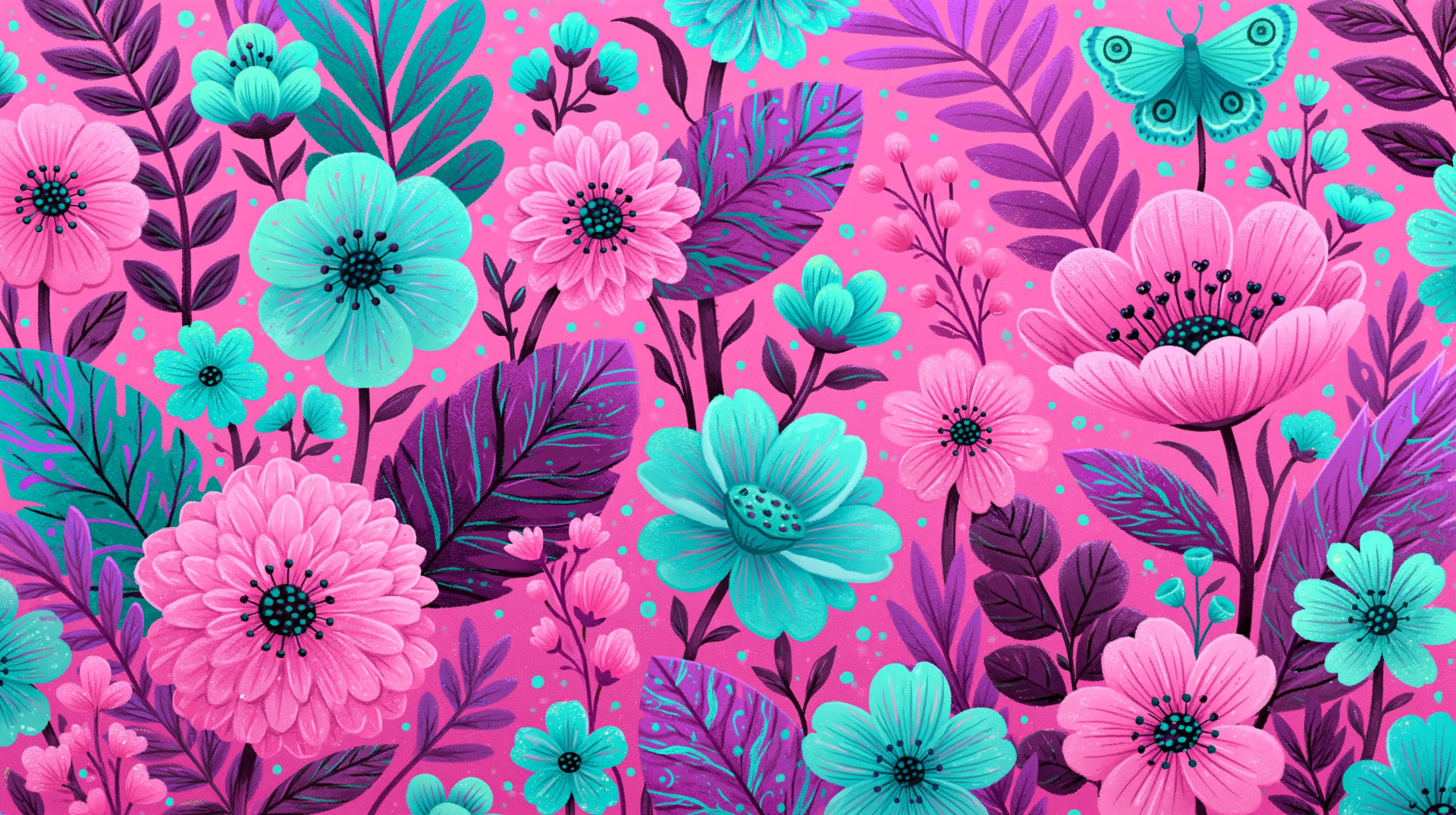Floral 2K Quad HD PC desktop wallpaper and background: vivid pink and teal blossoms, leafy stems and a small butterfly on a magenta field.