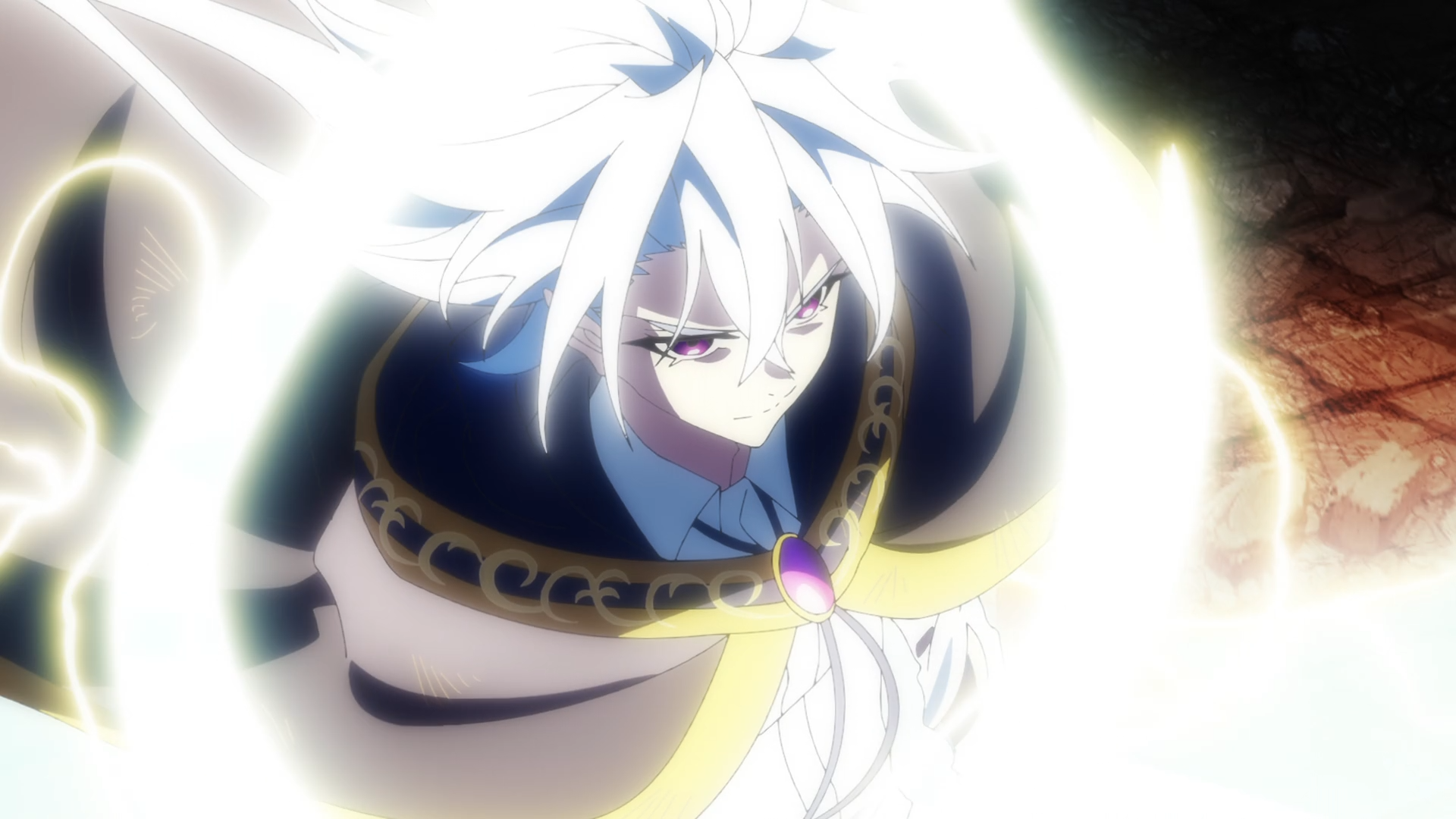 Anime HD PC desktop wallpaper/background of Will Serfort (Wistoria: Wand and Sword) — white-haired mage encased in radiant light, intense gaze, ornate cloak with a jewel.