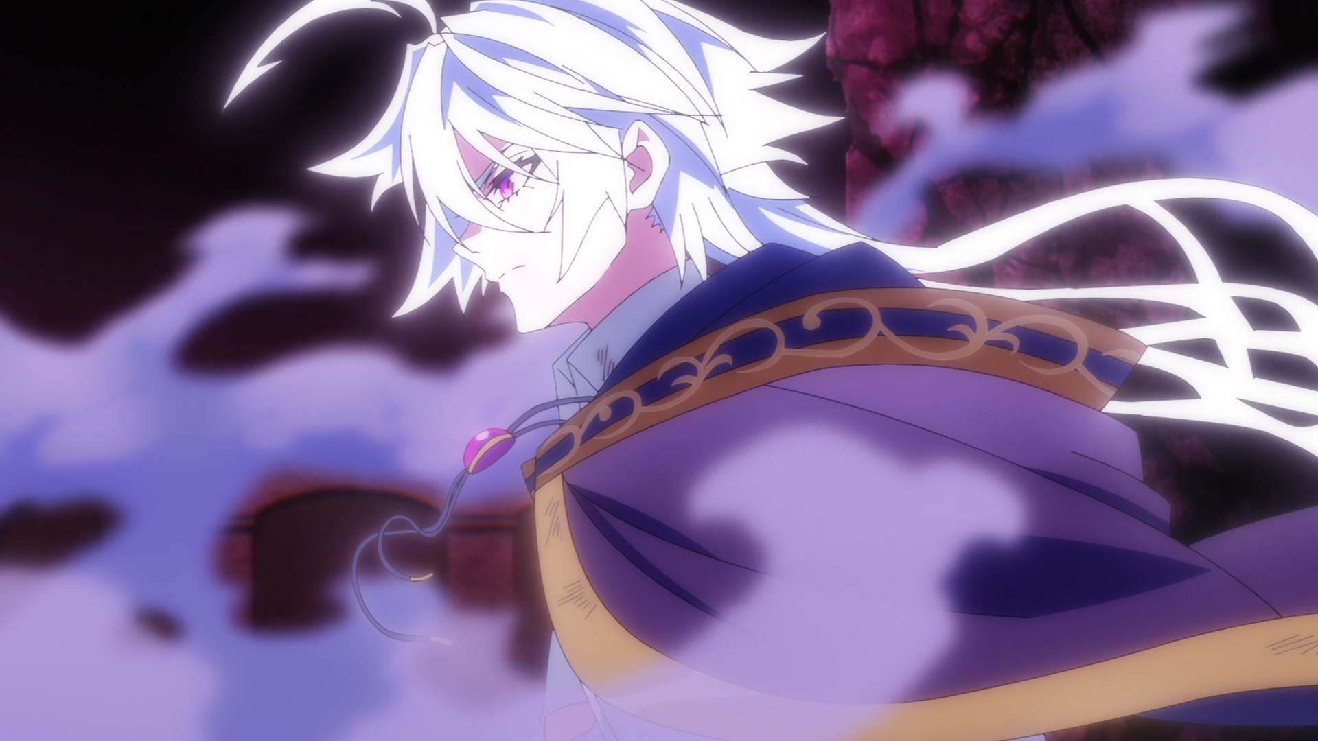 Anime HD PC desktop wallpaper of Will Serfort from Wistoria: Wand and Sword — white-haired sorcerer in a cloak, purple mist swirling around him, profile view.